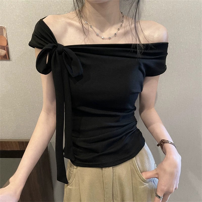 2025 Summer new women's T-shirt pure desire shoulder strap collar short sleeved women's T-shirt summer new slim fit top new designer T-shirt