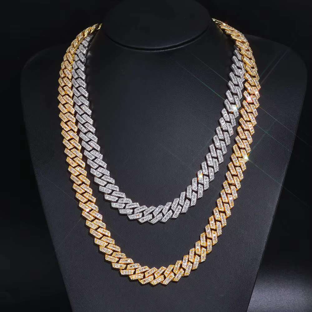 NUOYA 14mm Cuban Link Chain Shiny Mixed Inlay Baguette VVS Moissanite 925 Silver Iced Out Hip Hop Necklace