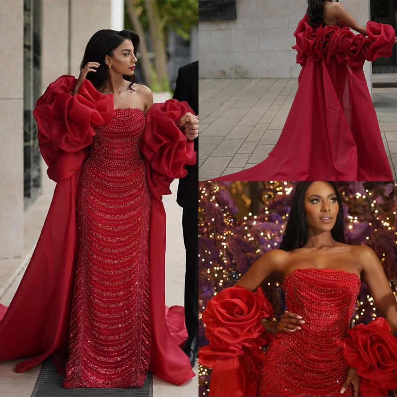 Gorgeous Women Evening Dresses Strapless Sleeveless Wrap Gown 3 D Floral Beading Sweep Train Dress For Party Custom Made