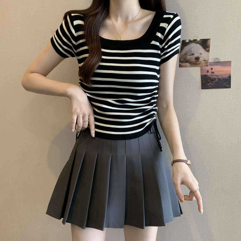 Striped Sleeve Ice Silk T-Shirt For Women Summer Loose Slimming Design Short Drawstring Versatile Top Square Neck Blouse B5
