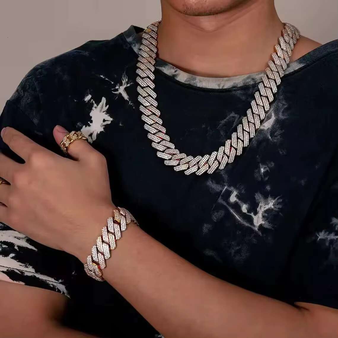 Hip Hop Luxury Jewelry 19MM 3 Tone Moissanite Cuban Chain Necklace Pass Diamond Test Iced Out S925 Cuban Link Chain