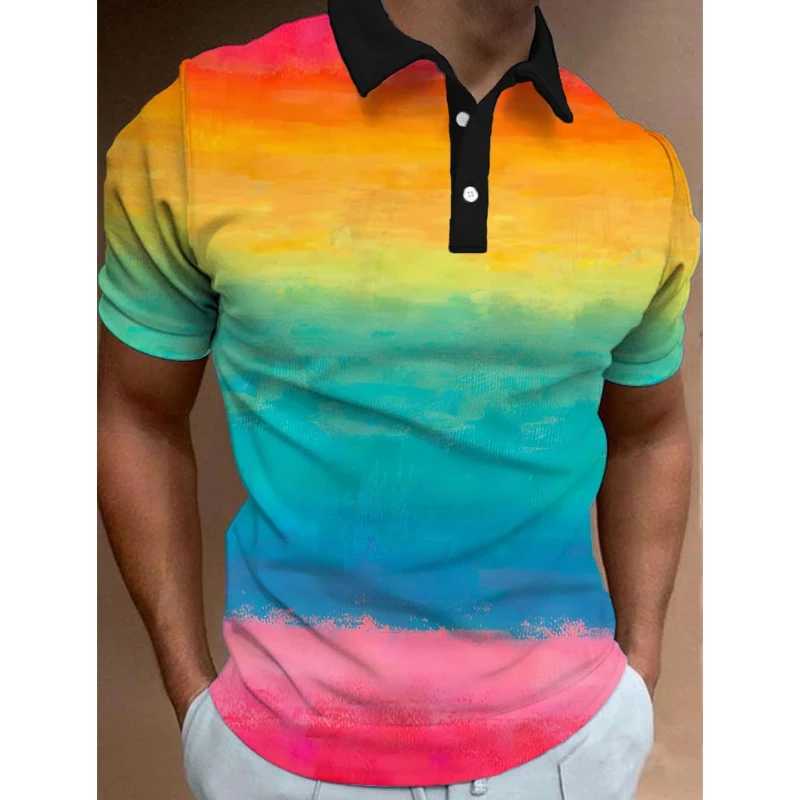 3D Color Rainbow Stripe Print Polo T-Shirt for Men Fashion Lapel Short Sleeve Shirts Oversized Casual Golf Blouse Buttons Tops Y250707 Y250707