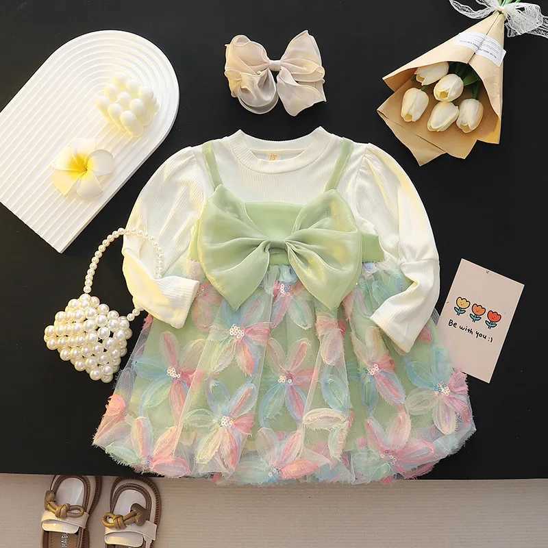 Baby Girl Dress Spring And Autumn Mesh Flower Bow Girl Princess Dress Girl Clothing R250707