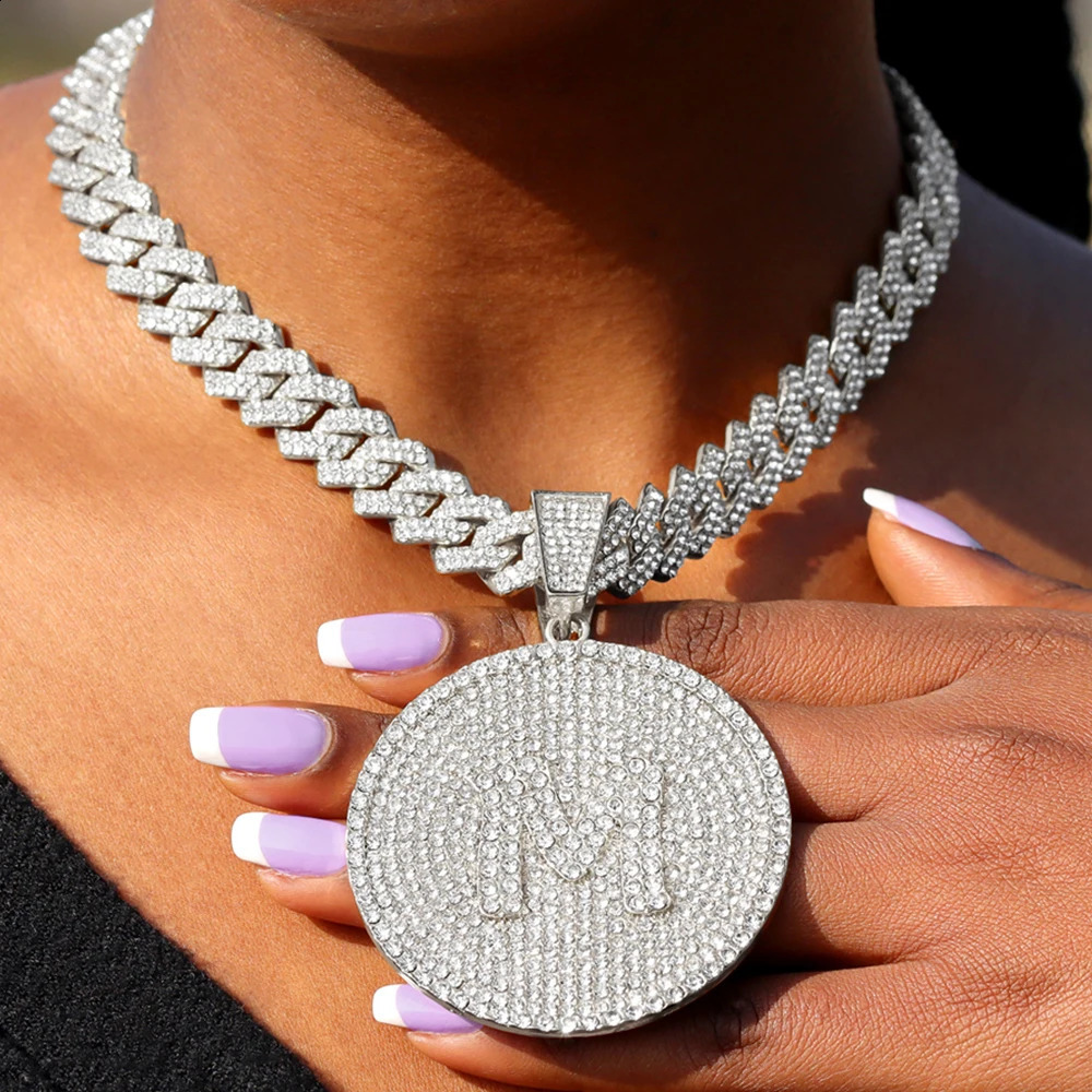 iced Out Round Initial Pendant Necklace 14MM Rhombus Cuban Link Chain 26 Letter Necklaces for Women and Men Hiphop Jewelry 250707