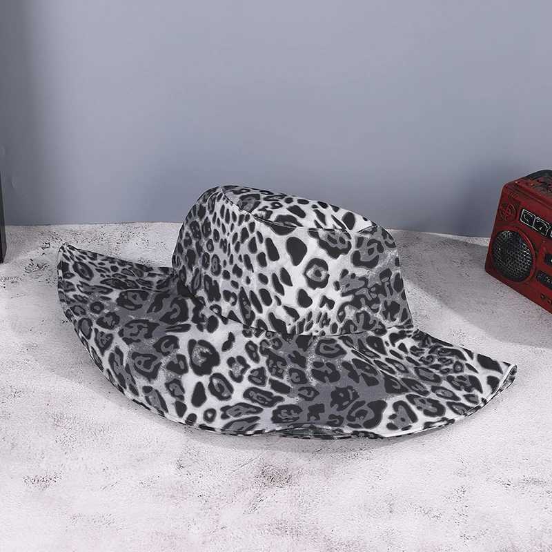 Vintage Full Version of Leopard Print Big Eaves with Rope Fisherman Hat Windproof Shade Suitable for Ladies Outing Photo Play Y250707