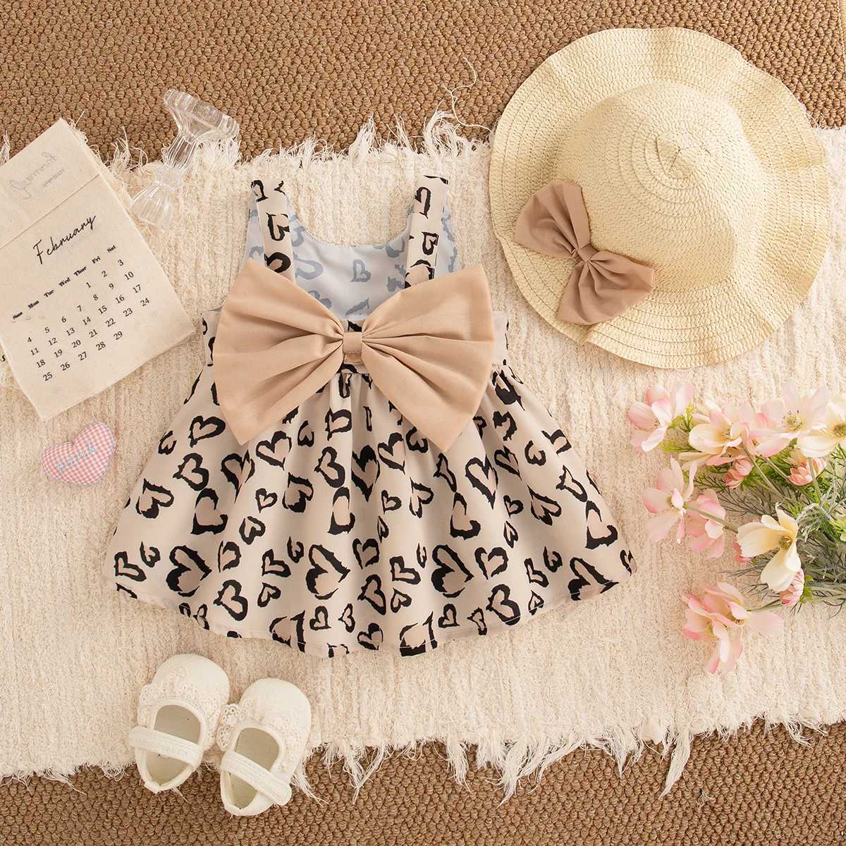 Baby Clothes Girl Summer Bow And Heart Leopard Pattern Halter Dress Cute Casual Beach Girl Kids Dress With Hat R250707