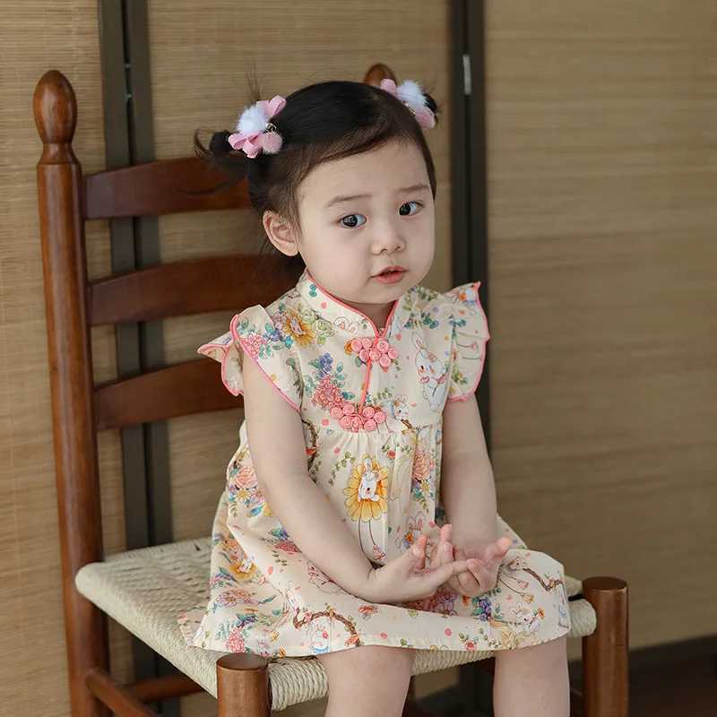 Summer Chinese Style Girls Dress Baby Girls Cartoon Bunny Flower Print Small Fly Sleeves Stand Collar Button Princess Dress R250707