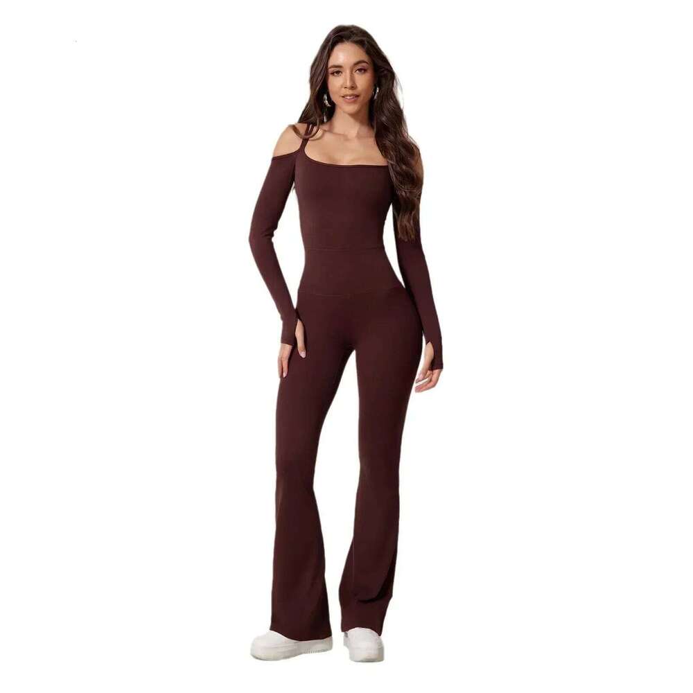 Seamless Yoga Jumpsuits Sports Fiess High Waist Hip Raise Long-Sleeved Flared Pants Suit Workout Gym Leggings Set for Women