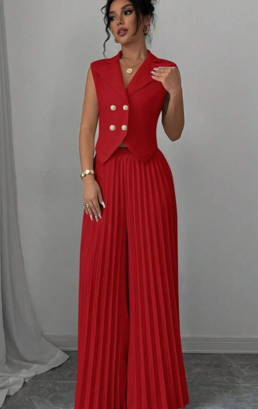 Mozision Autumn Two Piece Set Doublebreasted Vest And Split Skirt Matching Sets Fashion Long Pleated 241116