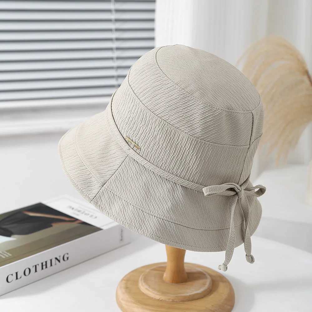Korean Style Bow Plaid Womens Bucket Hat Foldable Fisherman Cap Spring Summer Sunshade Retro Fashion Simple Cloth Lady Hat New Y250707