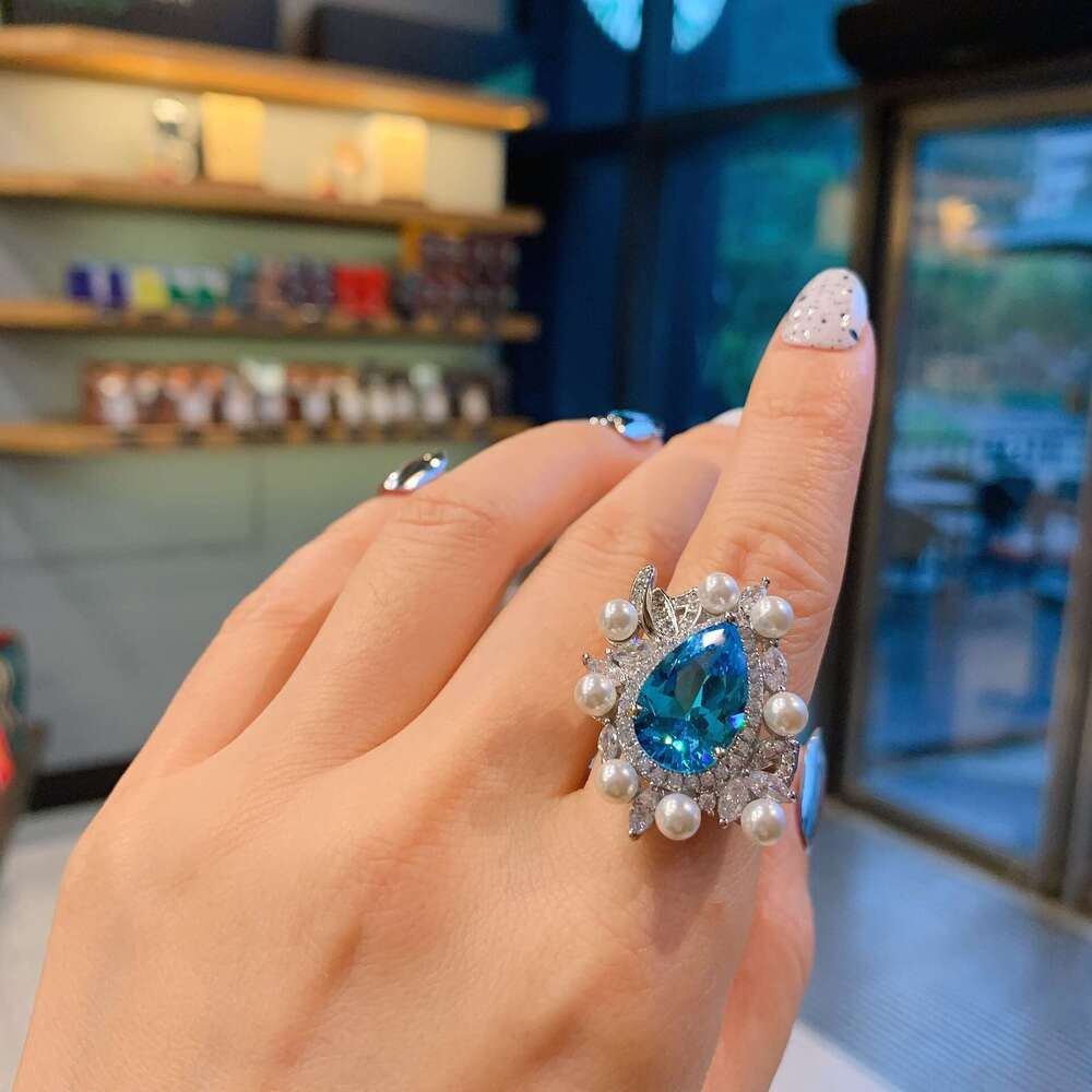 Three-Piece Set Tiktok Live Zircon Earrings Micro-Paved Pearl Aquamarine Necklace Gemstone Ring E03