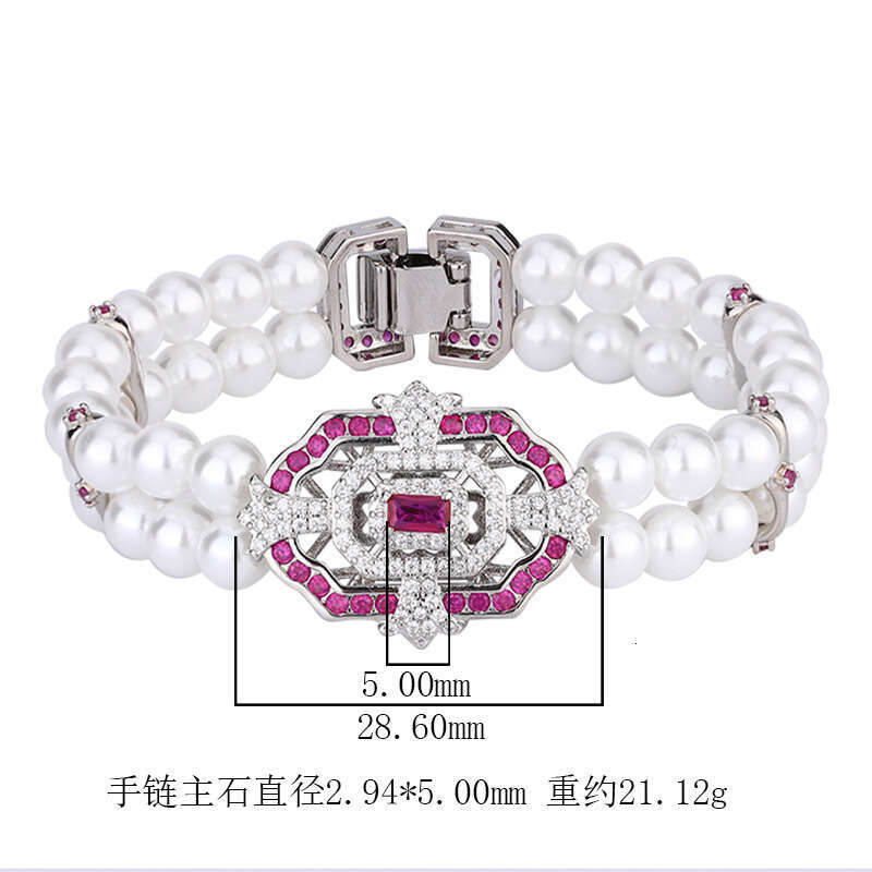 Huayoumei Double Row Pearl Red Corundum Blue Topaz Square Inlaid Bracelet Y546 A66