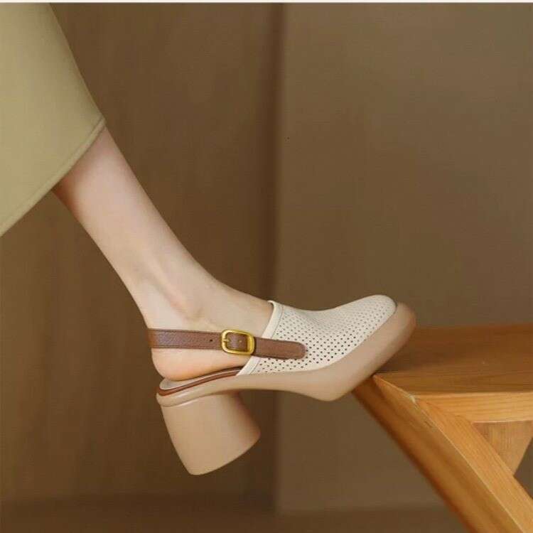 2025 Summer Peep-Toe Platform Thick-Soled Hollow Sandals with Chunky Heels, Round Toe, One-Strap Backless Roman Style Women's Shoes