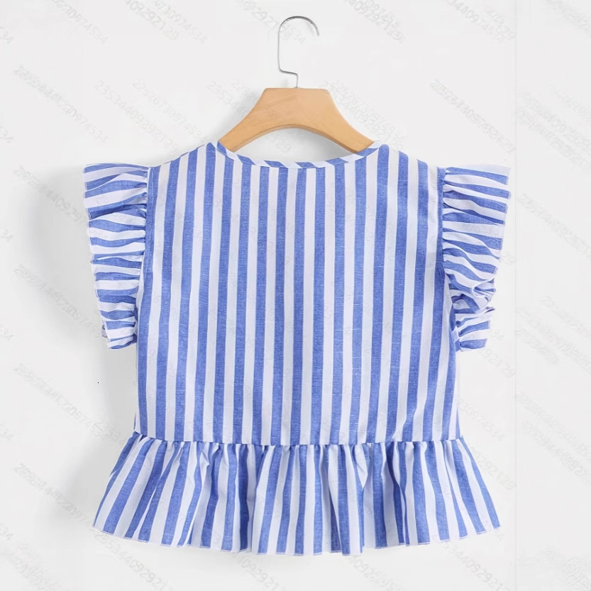 2025 summer new women's T-shirt V-neck ruffle and ruffle edge T-shirt fresh temperament striped decoration new designer T-shirt