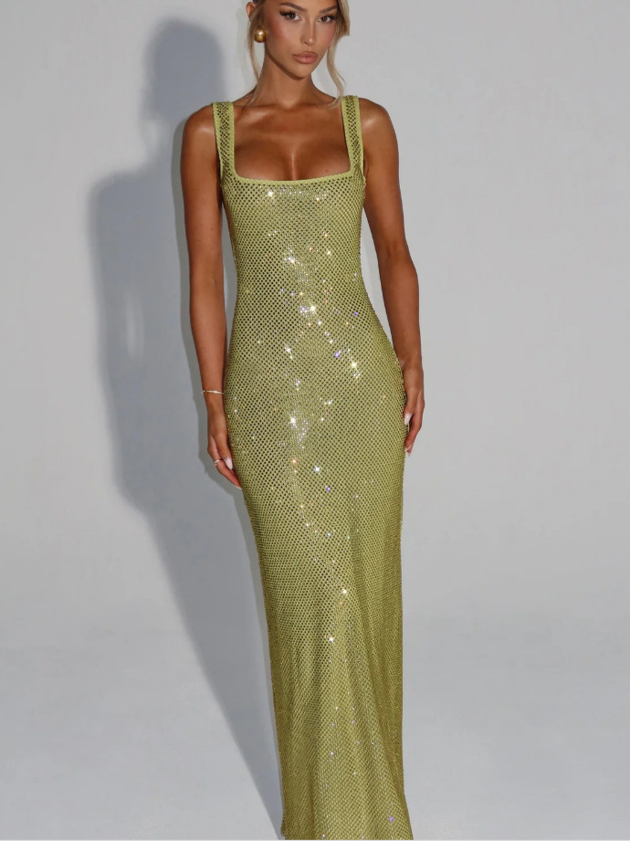 Casual Dress Luxury Square Neck Double Shoulder Strap Rhinestone Sequin Women's Dress Stylish High Waist Floor Length Summer Women's Short D