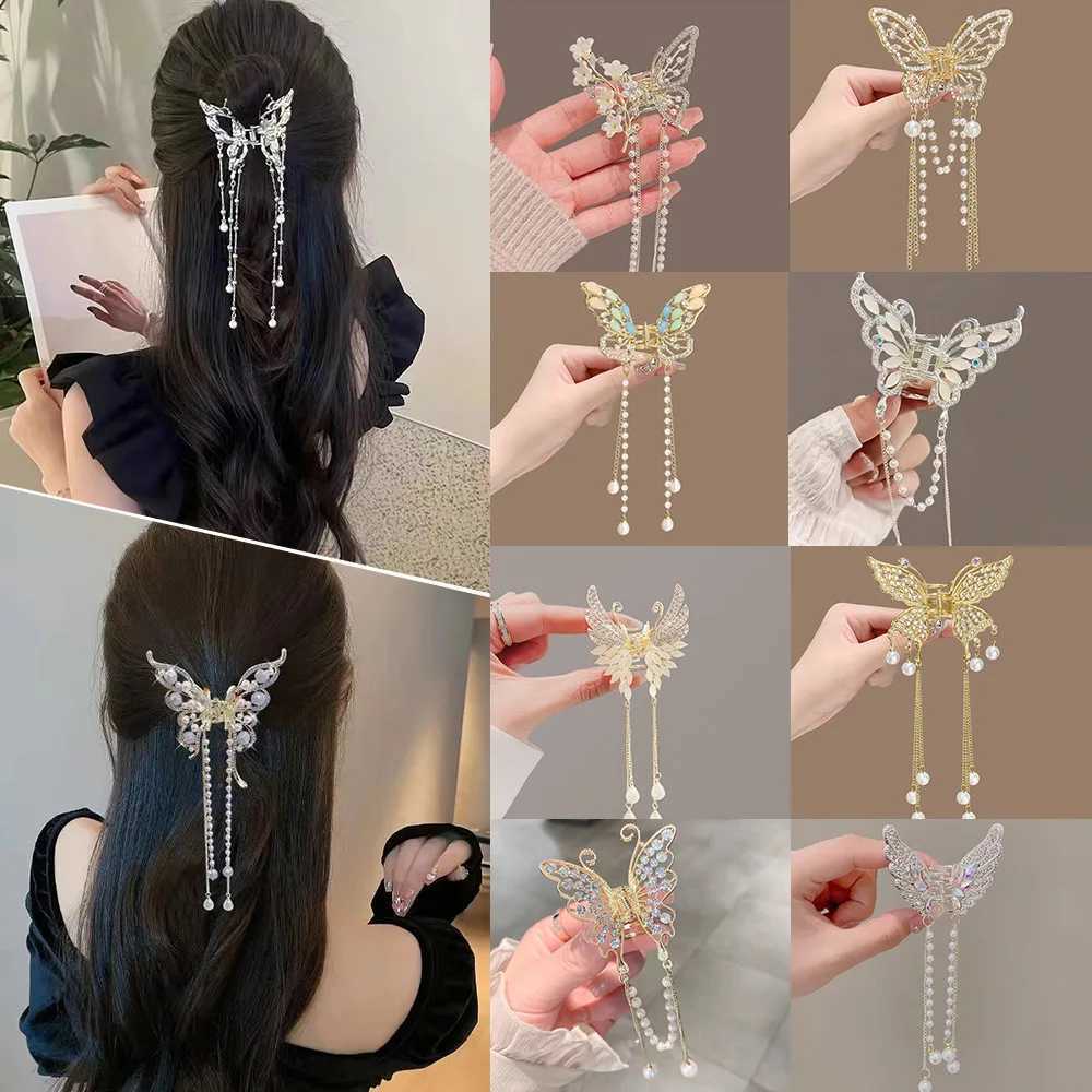 Super Fairy Butterfly Tassel Grab Pearl Tassel Hair Claws Rhinestone Clip Korean Shark Ponytail Crab Clip Girls Hair Accessories Y250707