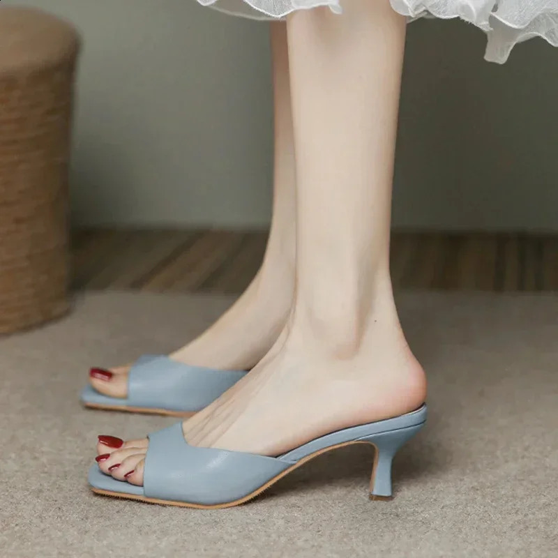 Size 3442 Women Heeled Mules Sandals Soft Leather High Heels Summer Shoes For Slippers Vintage Open Toe Slides 250703