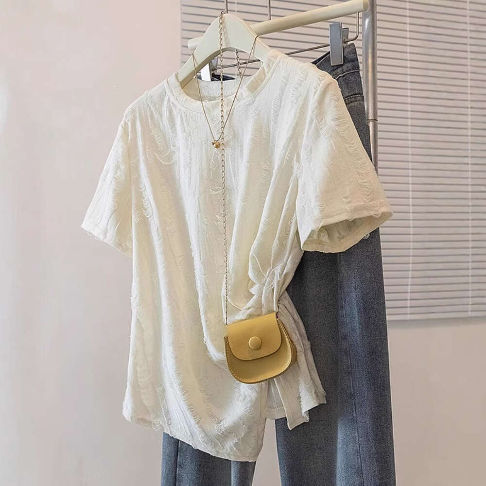 Irregular Ruched Regular Shoulder Short Sleeve T-Shirt For Women Summer Design Sense Distressed Unique Slimming Round Neck Top B5