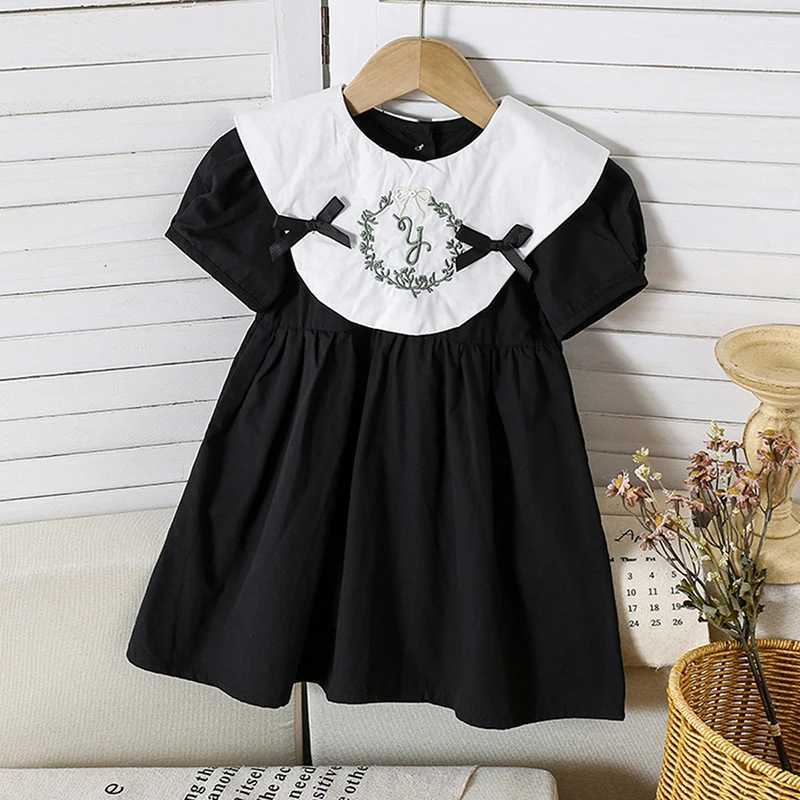 Summer Children Embroidery Flower 1-6Yrs Baby Girls Dress Infant Clothing Doll Collar Bubble Black Cotton Kids Party Bow Dress R250707