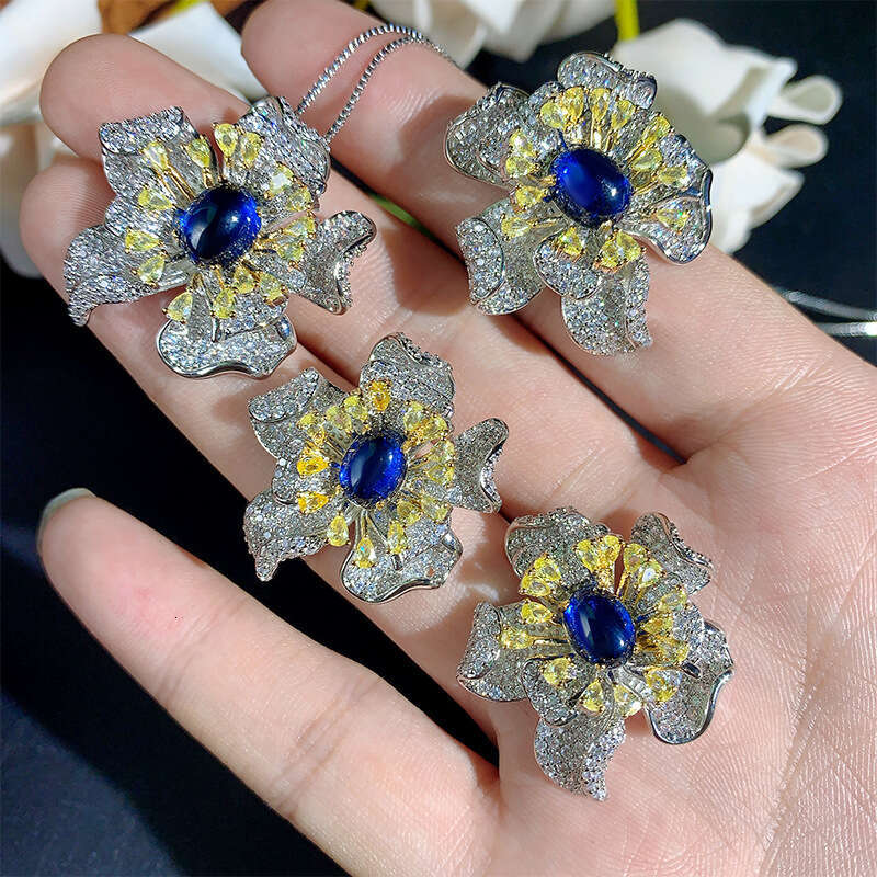 New Jewelry Set Decorations Blue Necklace Earrings Ring Petal Shape Fashion High-End Light Women 20A