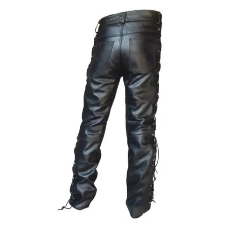 Mens Black Thick Leather Side Laces Up Jeans Style Long Pant Motorcycle Trousers Pants 250704