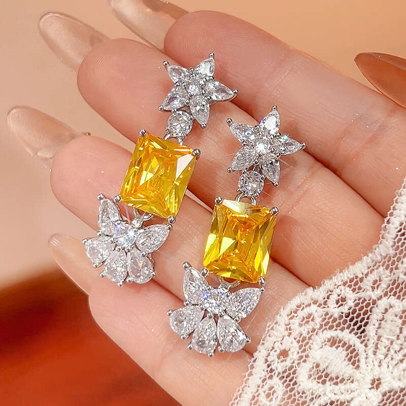 New Jewelry Set Ring Earrings Rectangular Dia Gemstone Fashion High-End Women's Style 81E
