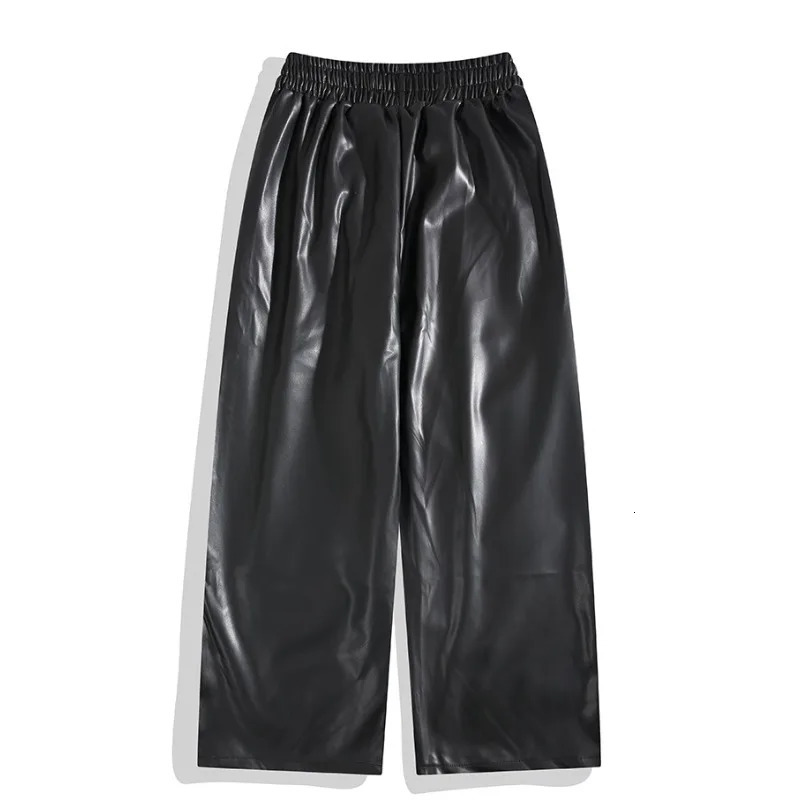 Chic Leather Pants High Street Trendy Drawstring Elastic Waist Straight Wide Leg Trousers Summer Hip Hop Trouser Male Clothing 250704