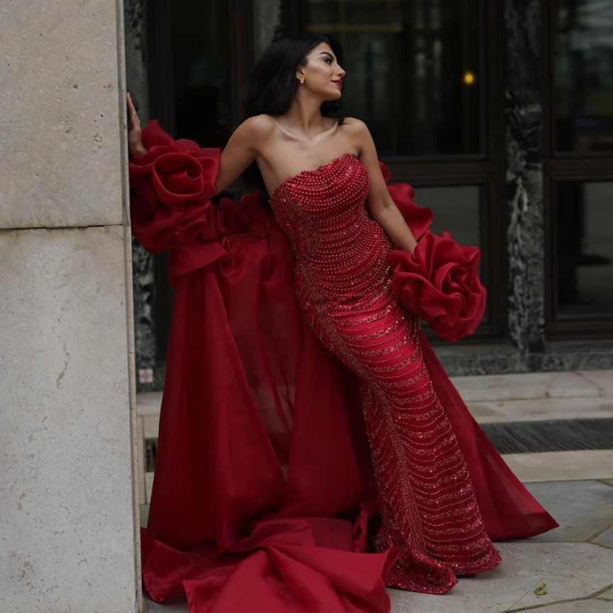 Gorgeous Women Evening Dresses Strapless Sleeveless Wrap Gown 3 D Floral Beading Sweep Train Dress For Party Custom Made