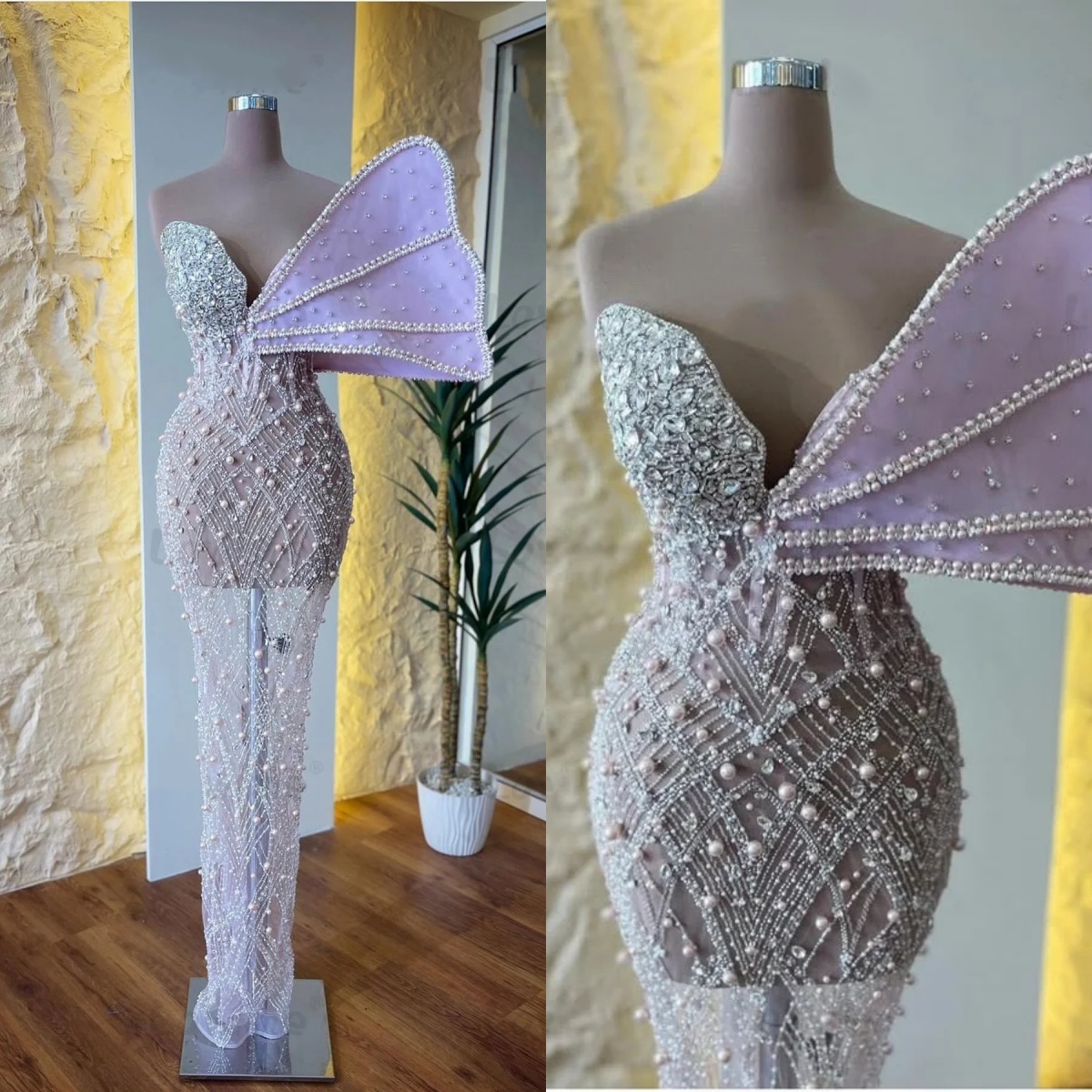 Fashion Women Evening Dresses Sweetheart Neck Sleeveless Gown See Through Crystal Pearls Beads Sweep Train Dress For Party Custom Made