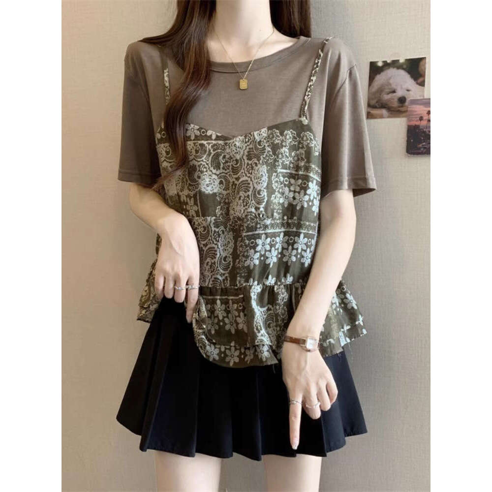 Plus Size Fake Two-Piece Camisole Round Neck Short Sleeve Women's Summer Design Loose Slimming Elegant Floral Top B5