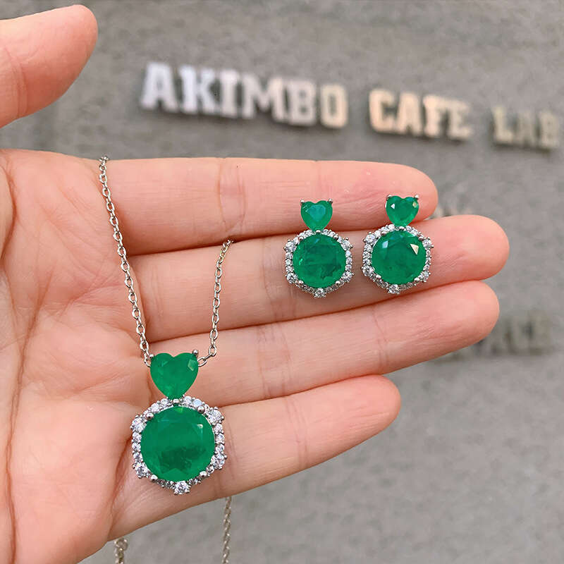 Minimalist Heart Blue Imitation Paraiba Necklace Emerald Earrings Noblewoman Jewelry Set 922