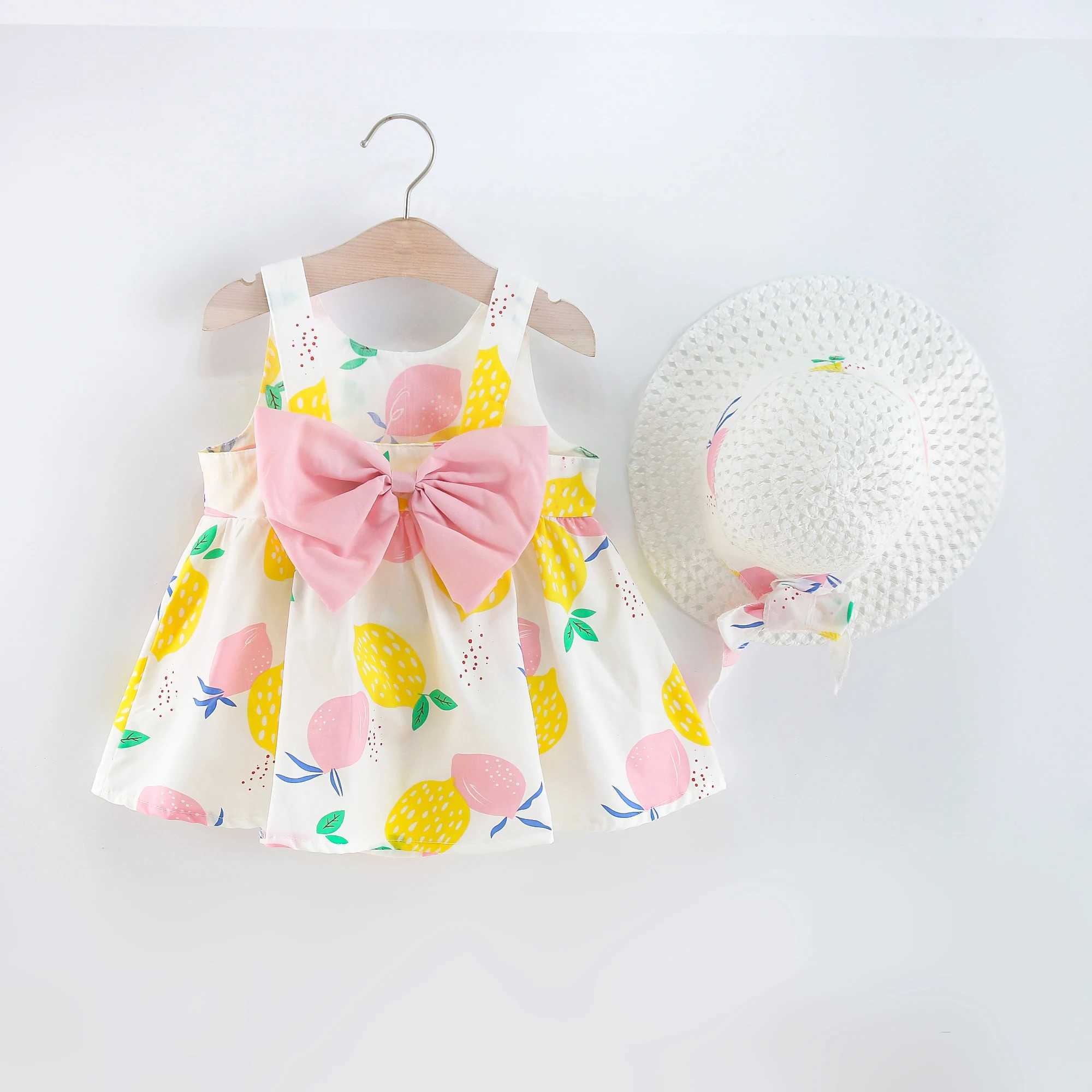 Baby Girl Dresses Summer Bow Fruit Print Girls Dresses Cute Girls Beach Dresses with Hat R250707