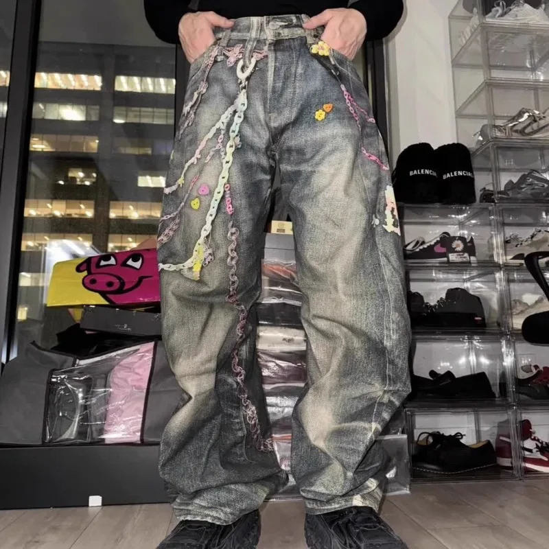 Casual American Hip-hop Washing Jeans Candy Chain 3D Printed Super Large Straight Wide-leg Pants Men Fashion Clothing Women 250707