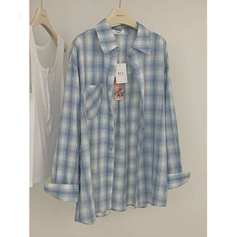 New Lazy Style Blue Plaid Long Sleeve Shirt Jacket For Spring, Autumn, And Summer, Versatile Outerwear Sun Protection Clothing B5