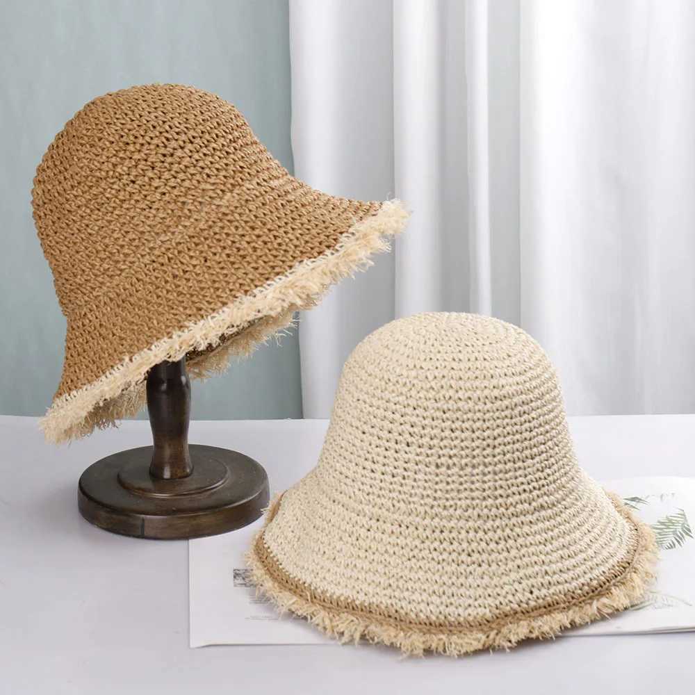Crochet Straw Hat for Women Summer Handmade Hollow Out Panama Raffia Paper Tassel Edge Beach Hats UV Protect Foldable Sun Visor Y250707
