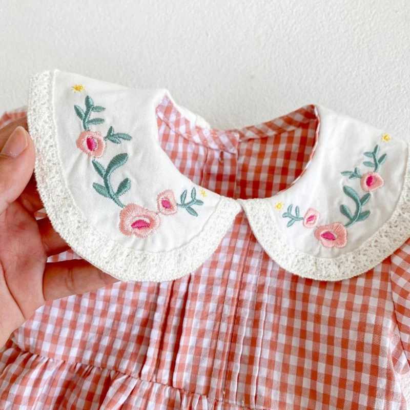 2-6Yrs Summer Girl Draped Dress Children Dress Pink Plaid Turn-Down Collar Kids Clothes Embroidery Toddler Baby Girls Clothing R250707