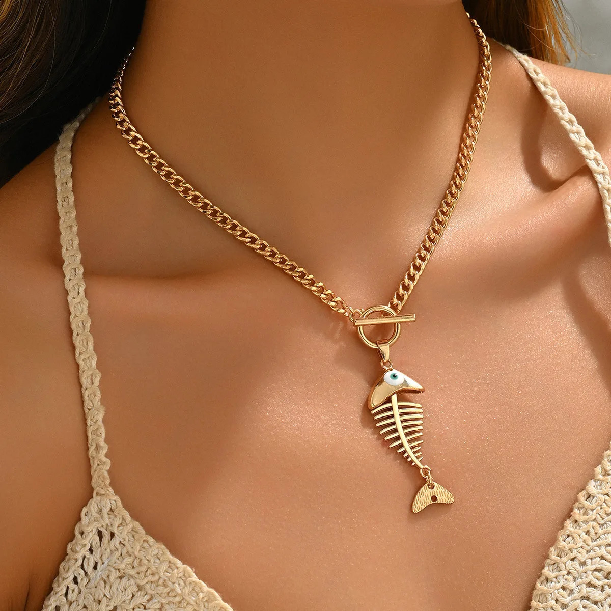 Hip Hop Ins Style Fish Bone Pendant Necklace for Women Summer Wear Niche Fashion Jewelry Holiday 250707