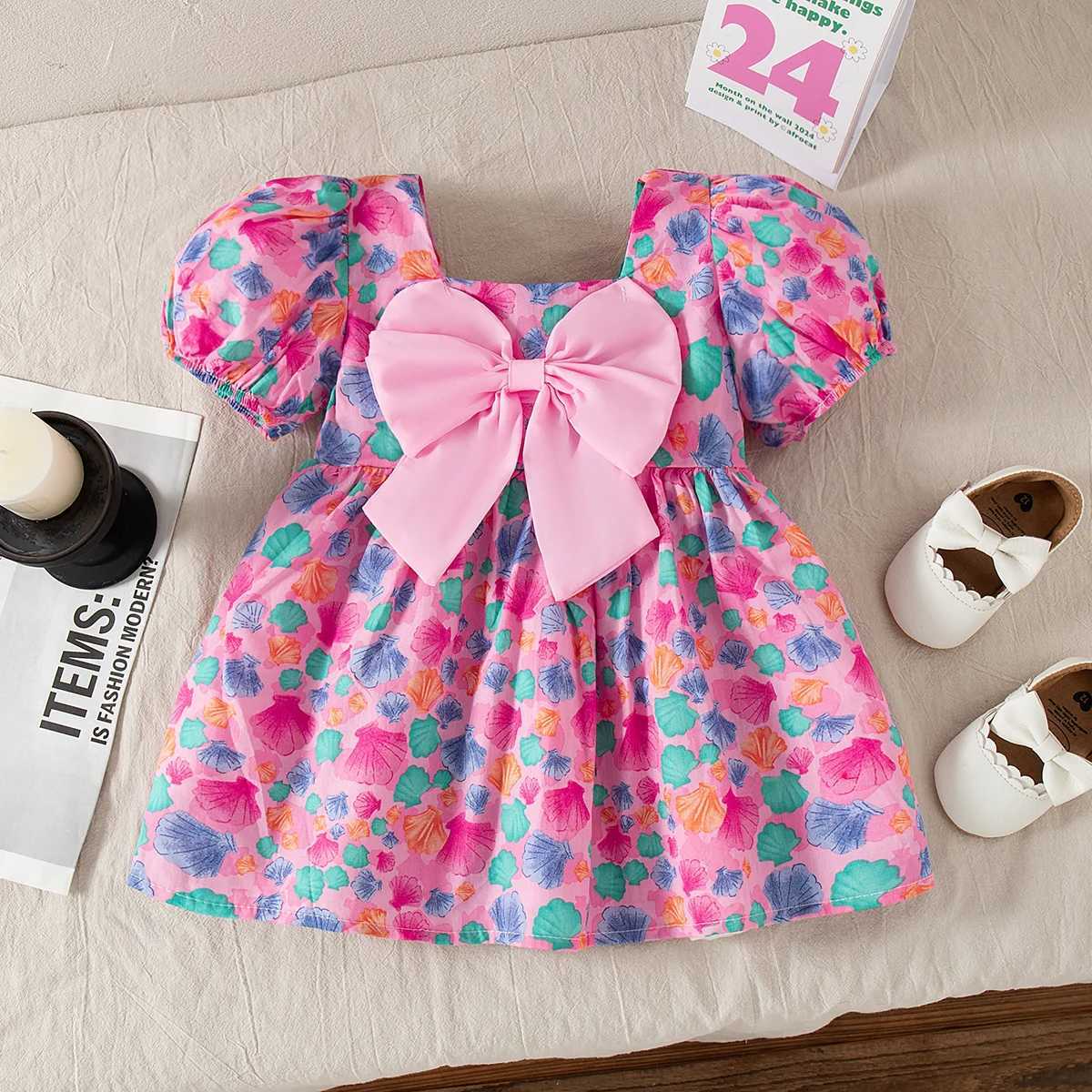 Baby Girl Summer Dress Full Printed Flower Bow Girls Dress Sweet Bubble Sleeve Girls Princess Dresses Baby Girl Clothing R250707