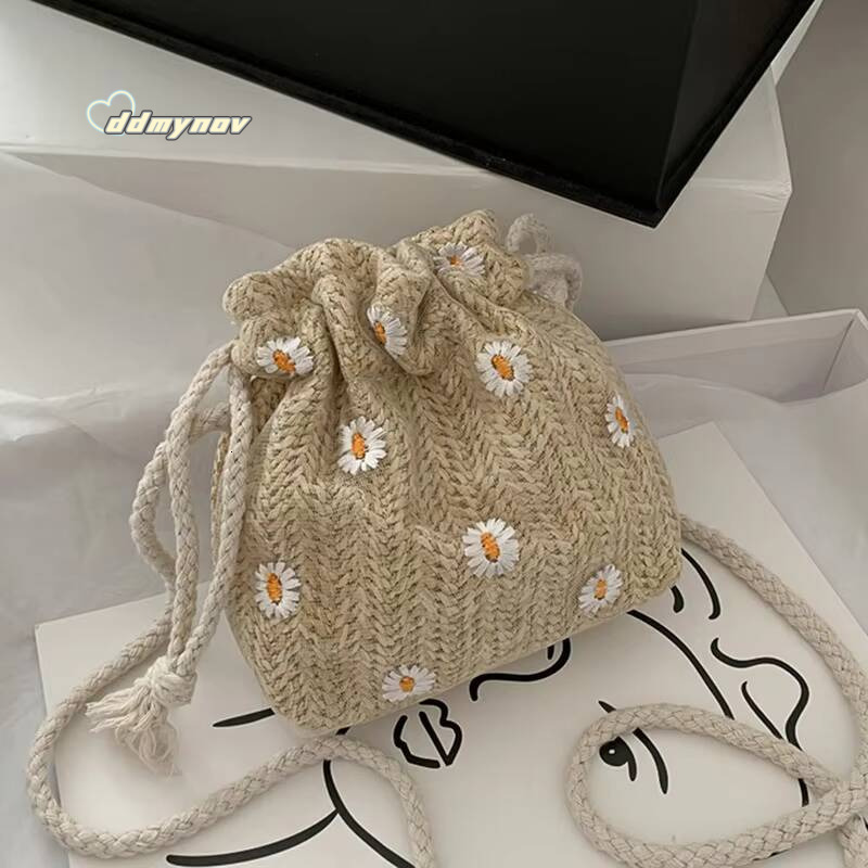 Straw Weave Bucket Rattan Women Summer Beach Bags Totes Casual Handbags Retro Mini Shoulder Messenger Bag ddmynov