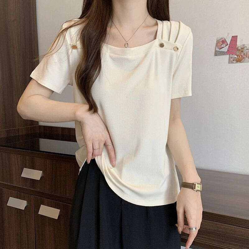 Plus Size Tummy Regular Shoulder Square Neck Short Sleeve Summer Cotton Slightly Korean Version Slimming Covering Fat Top Women Wholesale B5