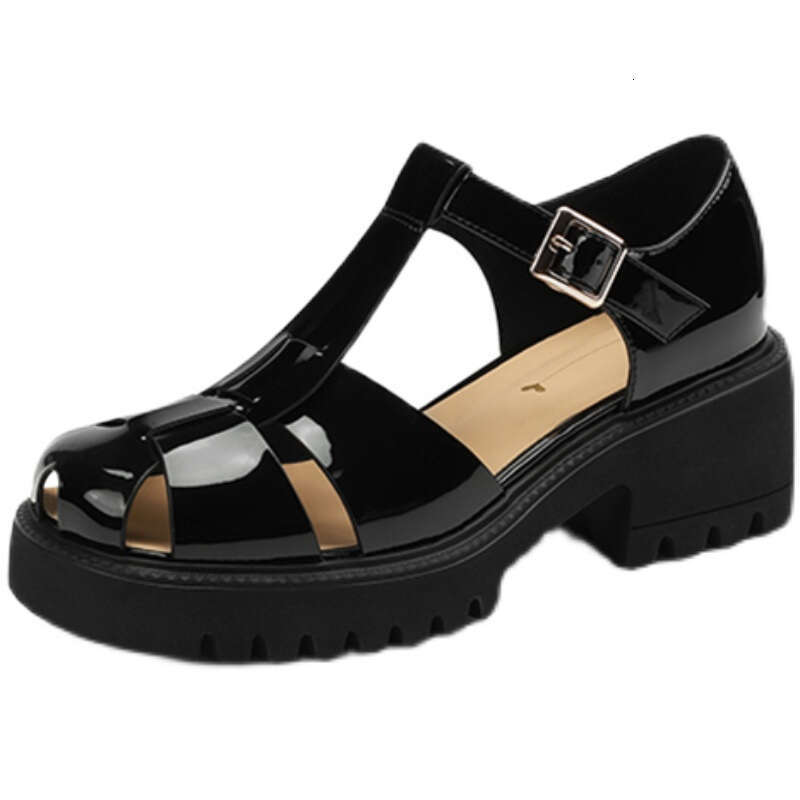 Woyou 2025 Thick-Soled Closed-Toe Sandals for Women Summer Chunky High Heel British Style Small Leather Hollow Roman Shoes
