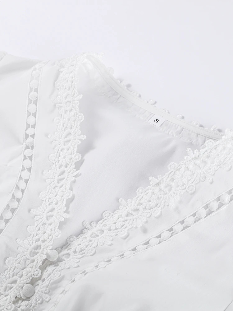 Elegant V Neck Long Puff Sleeve Embroidery Female Dress Chic Hollow Out A line Madi Dresses for Women Fashion Spring Lady Robes 250703
