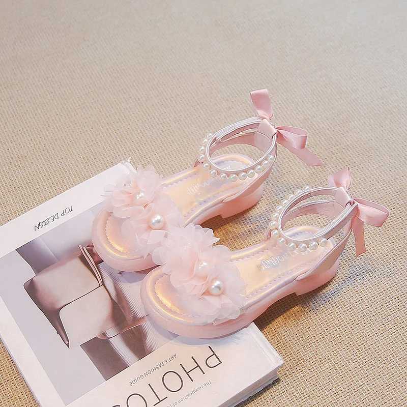 Girls Pearls Sandals with Lace Beaded Princess Kids Gladiator Sandals Princess Sweet 2024 Summer Kids Beach Shoes with Bow-knot R250707
