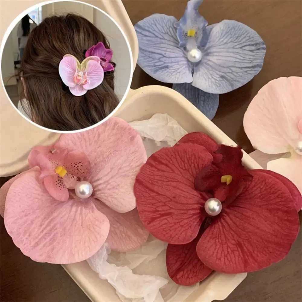Orchid Butterfly Bow Flower Hair Clips Silk Flower Hairpin Phalaenopsis Pearl Duckbill Clip Hair Accessories for Vacation Photos Y250707