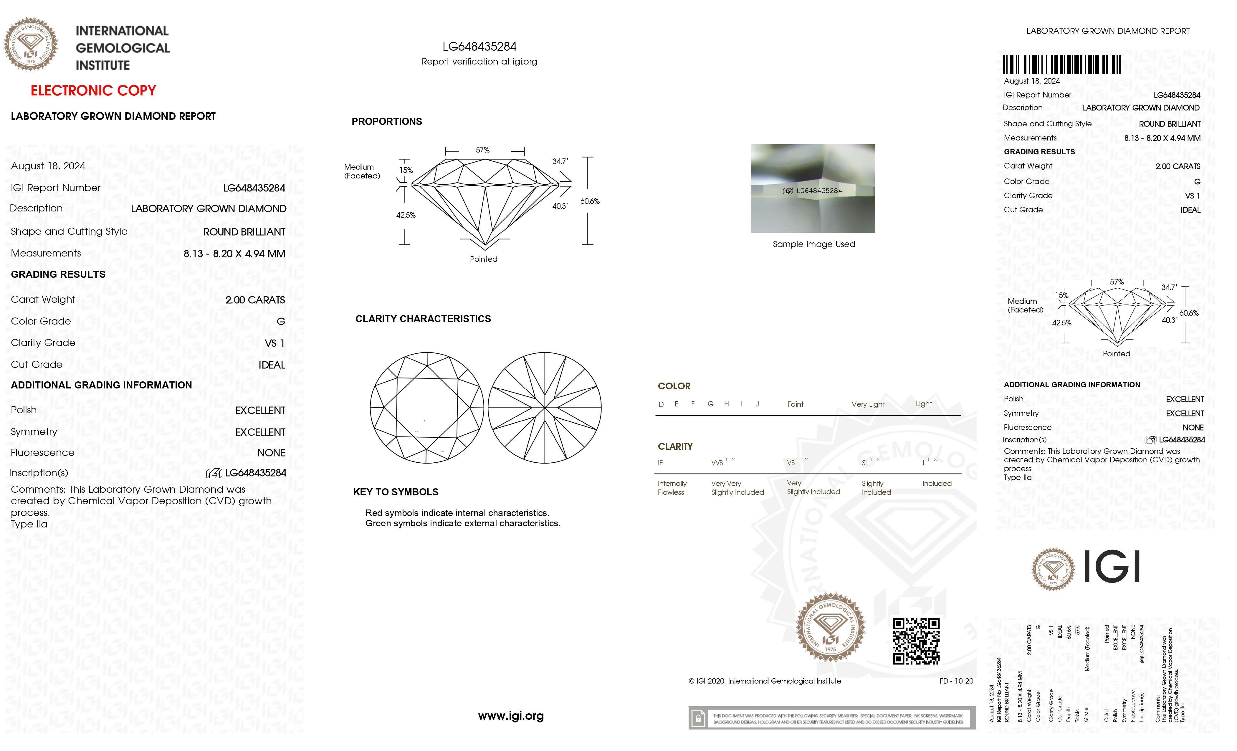 2.00 CT CVD Lab Grown Round Diamond 8.13 MM G Color VS1 Clarity IGI Certified Loose Diamond for Centerpiece