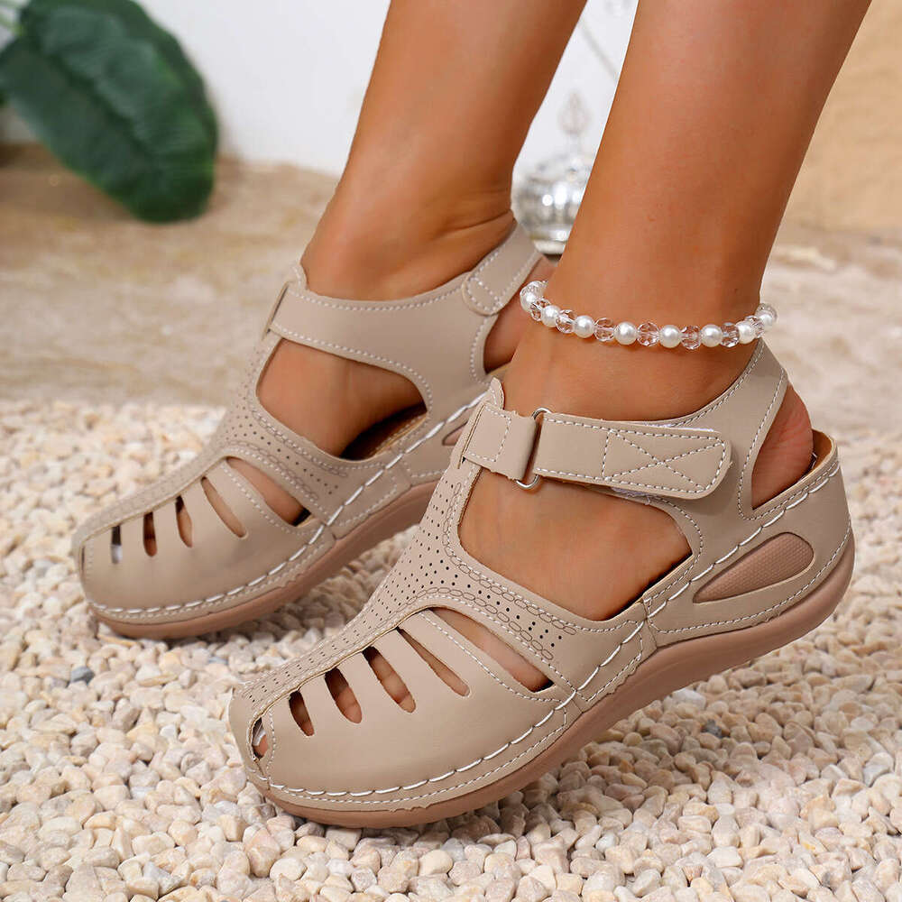 New 2025 Summer for Women, Large Size Stitched Wedge Closed Toe Thick Sole Sandals