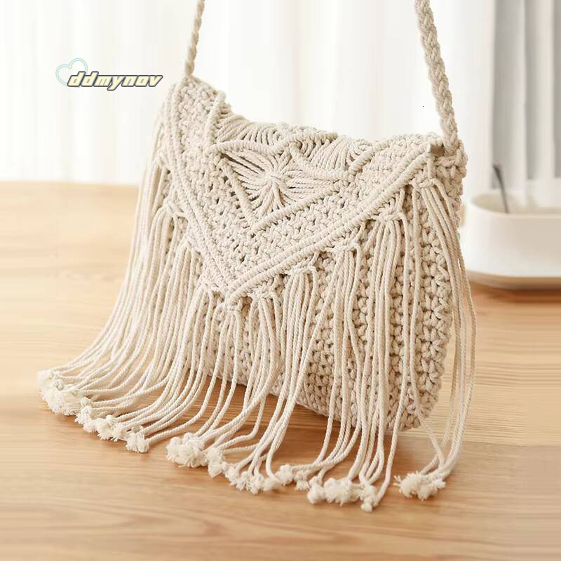 Handmade Cotton Woven Knitted Tassel Crossbody Vintage Shoulder Messenger Bag Female Fashion Beach Summer Handbags for Women ddmynov