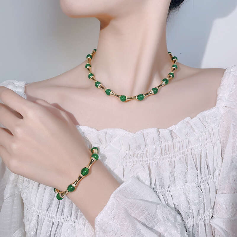 Chinese Style New Jewelry Set Bracelet Clavicle Chain Imitation Natural Green Chalcedony Beads High-End Women 3Fe