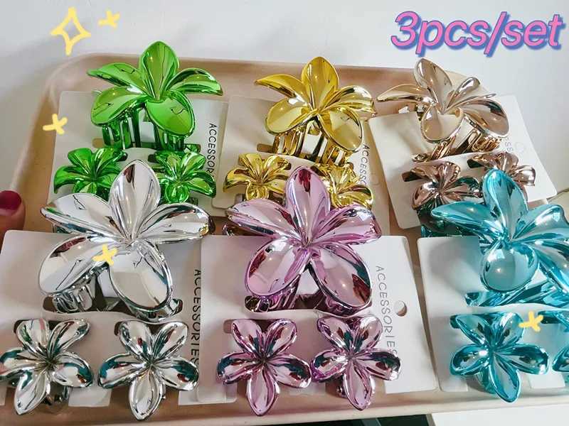 3PCS Fashion Acrylic Colorful Flower Hair Clips Plating Metal Hair Claws Ponytail Shark Clips Hairpins Barrettes Headwear Y250707