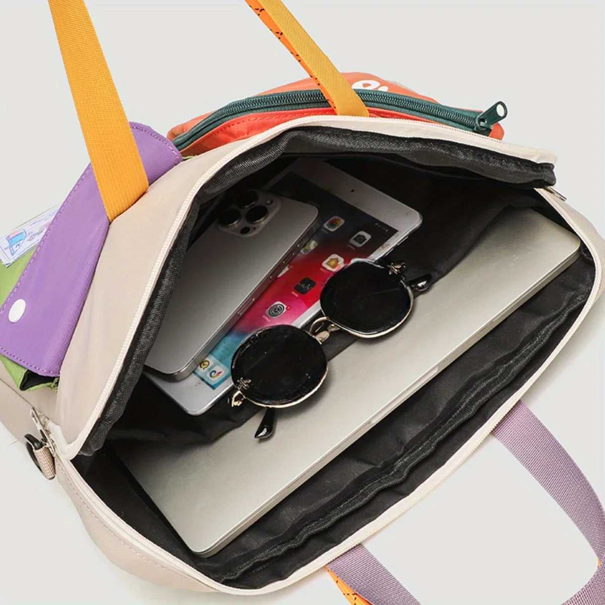Womens niche color blocked cartoon pattern computer bag portable one shoulder handbag university style daily commuting bag